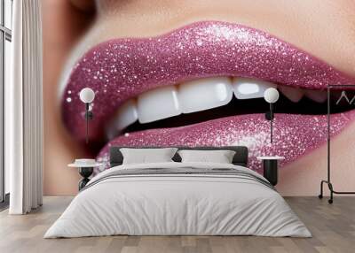 A woman's mouth is covered in glittery pink makeup. The glitter is visible on her teeth and tongue Wall mural