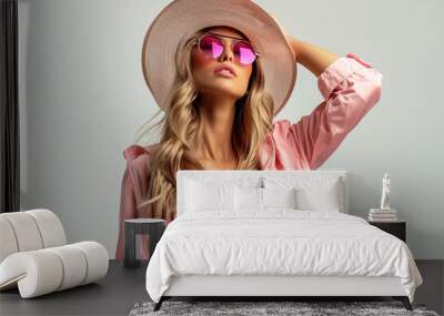 A woman in a pink dress and hat with pink sunglasses Wall mural