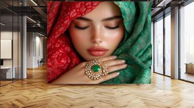 A woman wearing a green scarf and gold jewelry is shown in a close up. The scarf is draped over her face, and she is resting her hand on her face. Concept of mystery and intrigue Wall mural