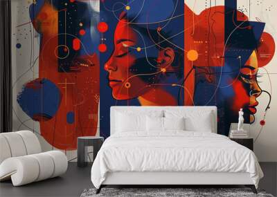 Three women's faces are painted in a colorful abstract style Wall mural