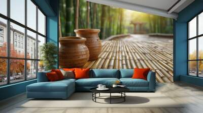 Two vases are on a wooden table in a forest setting. The vases are brown and appear to be empty. The scene has a peaceful and serene atmosphere, with the vases Wall mural