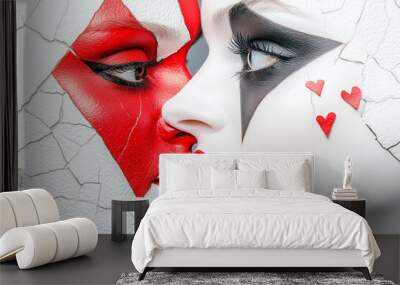 Two women with red and black makeup on their faces, one with a heart on her face. The women are kissing each other Wall mural