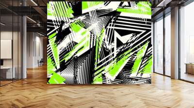 Abstract grunge seamless pattern. Urban art texture with neon lines, triangles, chaotic brush strokes. Colorful graffiti style vector background. Trendy design in black, white and bright green color Wall mural