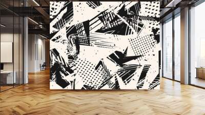 Abstract monochrome grunge seamless pattern. Urban art texture with paint splashes, chaotic shapes, lines, dots, triangles, patches. Black and white graffiti style vector background. Repeat design  Wall mural