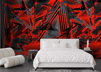 Abstract vector seamless grunge pattern. Urban art texture with neon lines, triangles, chaotic brush strokes, ink, splatter. Grungy graffiti background. Trendy design in red, black and gray color Wall mural