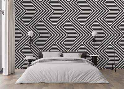 Black and white vector geometric seamless pattern with quirky lines, stripes, hexagon shapes. Trendy monochrome abstract background. Simple modern linear texture. Repeated stylish minimal geo design Wall mural