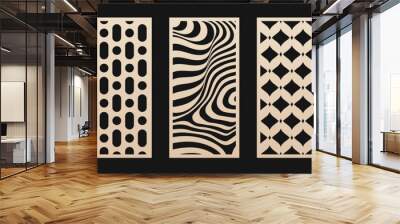 Decorative panels for laser cut, CNC cutting. Cutout silhouette with abstract geometric pattern, wavy lines, organic shapes. Modern vector stencil for cutting of wood, metal, plastic. Aspect ratio 1:2 Wall mural