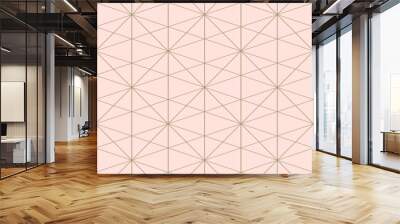 Golden line pattern. Vector geometric seamless texture with delicate grid, thin lines, squares, diamonds, triangles. Abstract pink and gold background. Art deco style ornament. Luxury repeat design Wall mural