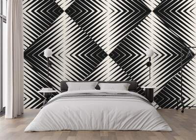 Halftone pattern. Vector seamless geometric background with black and white stripes. Geometric abstract texture with diagonal halftone lines in square tiles. Optical illusion effect, op art style Wall mural