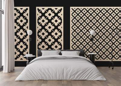 Laser cut pattern set. Vector design with elegant geometric ornament in Oriental style, abstract floral grid. Template for cnc cutting, decorative panels of wood, metal, paper. Aspect ratio 1:1, 1:2 Wall mural