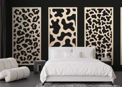 Set of laser cut patterns. Modern abstract geometric panels with wavy lines, stripes, organic shapes, animal skin, leopard texture. Stencil for laser cutting of wood, metal, paper. Aspect ratio 1:2 Wall mural