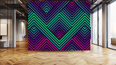 Vector geometric seamless pattern with colorful zigzag lines, stripes, chevron, halftone effect. Abstract sport style urban graphic texture. Trendy background in retro Y2K style. Modern neon gradient Wall mural