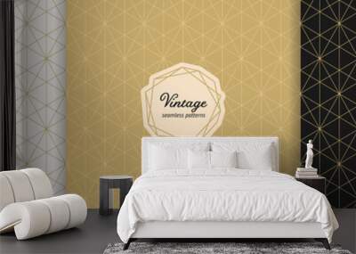 Vector gold minimalist seamless patterns set with modern labels. Elegant gold geometric texture with diamond grid, hexagons, triangles. Trendy minimal art deco style background. Luxury repeat design Wall mural