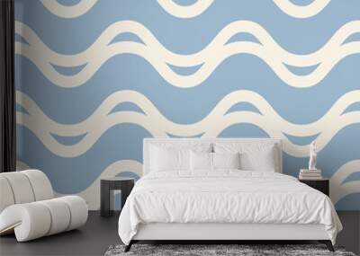 White and blue seamless pattern with wavy lines, horizontal waves, stripes Wall mural