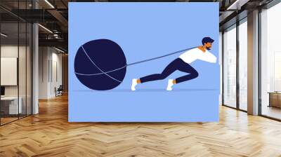 Businessman pulling big stone on rope. Unhappy man drags rock heavy boulder. Hard work, job task, business problem. Sad tired office person. Male debt, struggle or effort. Hardship vector illustration Wall mural