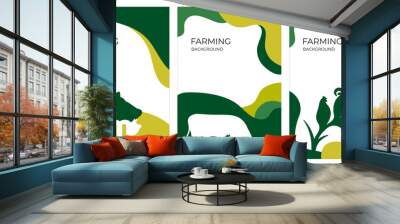 Cover design with farm animals. Livestock, agriculture or farming concept. Set of banners with cow, pig, ram and chicken. Vector illustrations with copy space and green background for flyer, poster. Wall mural