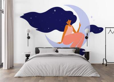 Cute girl with long hair sitting on moon. Happy woman dreaming in night sky and stars. Wellbeing, self and body care, slow life. Healthy sleep concept. Modern witch, crescent moon vector illustration Wall mural