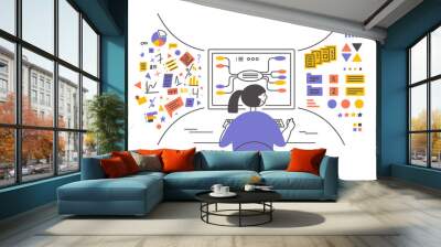 Data analysis, database visualization. Young woman sitting in front of big computer monitor sorting information. Girl working using digital mind map. Charts, data graphic analyzing vector illustration Wall mural