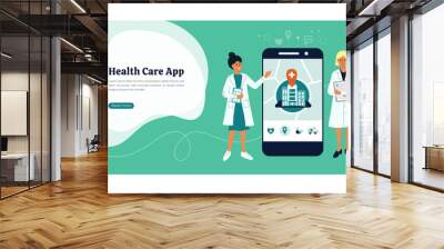 Design for health care mobile application. Two doctors show medical software. Vector illustration of huge smartphone screen with app icons and clinic building on map. Concept for layout, web, banner. Wall mural