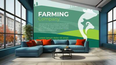 Design template for farming company, agriculture, livestock business. Banner with agricultural field and farm animals icon. Logo with cow, pig and ram. Vector illustration with text for advert, flyer. Wall mural