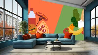 Fast unhealthy food vs healthy nutrition. Good and bad choice of products. Bad junk fastfood and good organic food. Comparison greasy unhealthy habits eating and fresh health diet. Vector illustration Wall mural