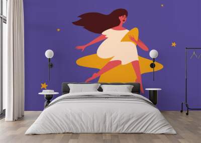 Happiness vector illustration. Happy woman with long hair sitting on gold star. Cute girl flying dreaming in night sky. Wellbeing, astrology concept. Relax bedtime, female vivid sleep in starry space Wall mural