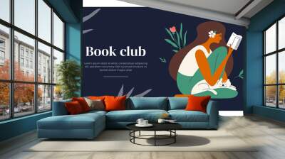 Layout design template of book club. Female with flower in long hair sitting outdoor enjoy reading. Young woman reads book. Relax time, leisure, booklover rest. Poetry, literature vector illustration Wall mural