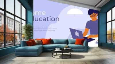 Online education from home. E-learning concept. Young man sitting behind table studying using laptop and books. Student guy learns remotely. Design template for banner layout. Flat vector illustration Wall mural