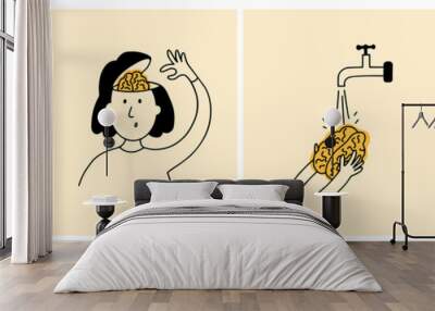 Set of vector illustrations of female character washing her brain. Brainwashing, clean mind concept. Sad woman takes brain out of head, cleaning it water under tap. Happiness, mental health, self care Wall mural