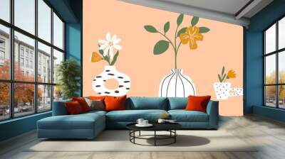 Stylish interior vase, pot, cup vector illustration. Set of different white ceramic art vases abstract form. Modern design jugs with flowers. Home decor in trendy style. Floral bouquet, flower, leaves Wall mural