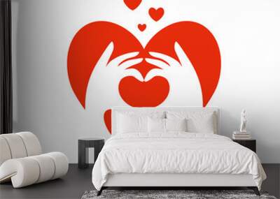 Two human hands making heart sign. Fingers showing gesture of love. Sticker with red hearts. Self care, love yourself, acceptance concept. Charity, volunteer work. Valentines day vector illustration Wall mural