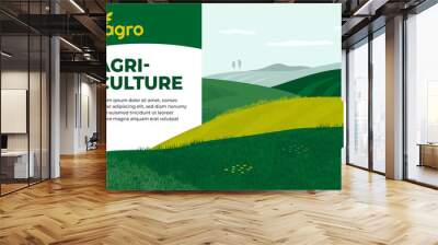 Vector illustration of landscape with agricultural fields. Design for farming company with crops, farm, cultivated land. Template with agriculture for banner, layout, flyer, booklet, brochure, web, ad Wall mural