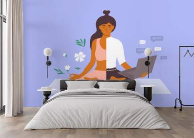 Work life balance vector concept. Business woman meditating on yoga mat holds laptop and flower in hand. Female character choosing between health relax and career. Dividing office vs rest illustration Wall mural