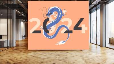 Year of Dragon. Chinese zodiac symbol. Abstract vector illustration blue dragon. Happy new year 2024. Asian monster animal with long tail on isolated background. Card template, poster, design element Wall mural