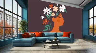 Young beautiful woman with flower hair. Female mental health, blooming brain, positive mind. Girl with head floral wreath. Nature beauty. Self care, love, wellbeing. Women day art vector illustration Wall mural