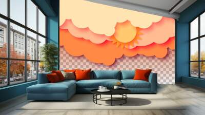 3d abstract paper cut illustration of pastel orange sky, sun and clouds. Vector colorful template. Wall mural