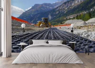 A close up photo of blast protection rubber mats at a new road construction site, safeguarding builders and equipment from stones blasted from rocks, with a majestic mountain in the background Wall mural