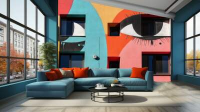 A colorful building with a mural of two eyes on it Wall mural