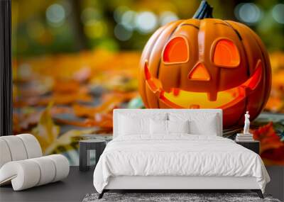 A jack-o-lantern sitting on top of a pile of money Wall mural