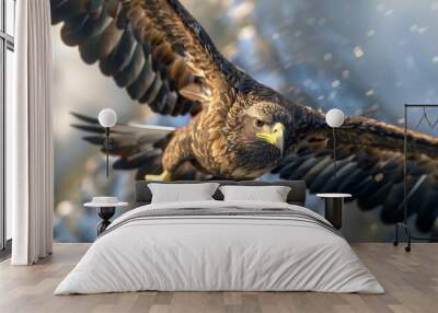 A majestic eagle soaring through the sky, its sharp talons outstretched, ready to snatch its prey Wall mural