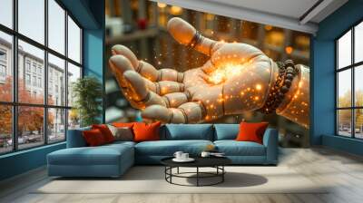 A robotic hand holding a handful of sparks in it's palm Wall mural