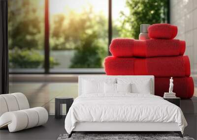 A stack of bright red towels on the table in a clean modern bathroom, with a blurred window and natural background Wall mural