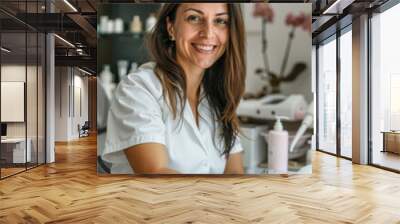 A woman sitting at a table in a dental office Wall mural