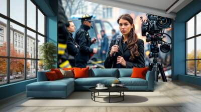 A woman wearing a microphone stands in front of a fire truck Wall mural