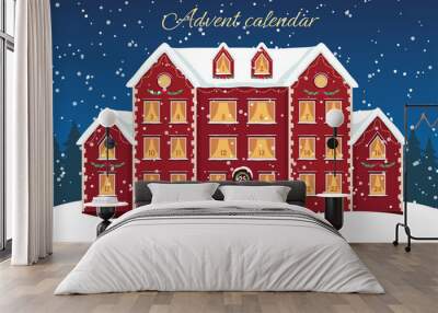 Advent calendar template. Christmas house  with countdown windows. Merry Christmas poster. Vector illustration. Wall mural