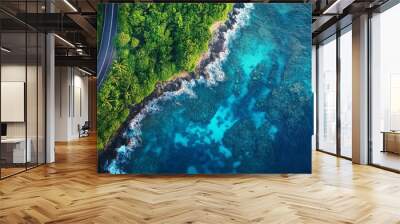 Aerial view of road and crystal clear ocean by the coast Wall mural