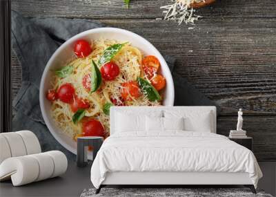 pasta with cheese and tomato on wood Wall mural