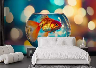 An orange goldfish in a round glass bowl with vibrant bokeh lights in the background, creating a stunning visual contrast between the animated fish and the glowing ambiance Wall mural