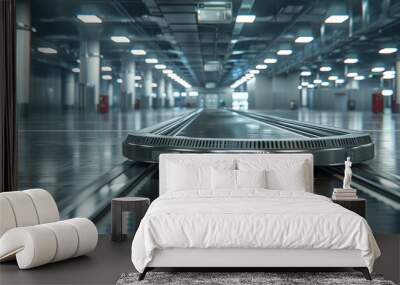 Baggage moving on an airport conveyor belt in an empty airport arrivals hall. Wall mural