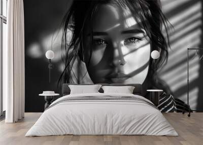 Black and white portrait of young female model with dark hair and makeup looking at camera in lights and shadows Wall mural